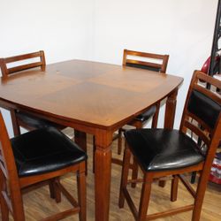 Wood Dining Table Set with 4 Chairs - Dark Wood & Black Seats