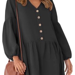 Women's Fall V Neck Long Sleeve Solid Color Casual Loose Party Tunic Dress with Pockets Black Medium