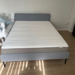 Ikea Slattum Upholstered Queen Bed Frame+Pocket Spring Mattress Firm+Slatted Bed Base