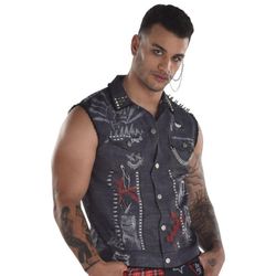 Adult Gray Distressed Studded Chambray Vest - Punk Zombie Cyberpunk