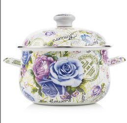 Retro Flower Enamel Stockpot With Lid,Stockpots For Cooking,Retro Classic Design(5L-Blue Rose)