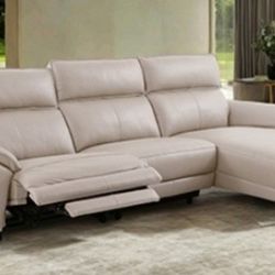 Brand New Beige Top Grain Leather Power Reclining Sectional Sofa 