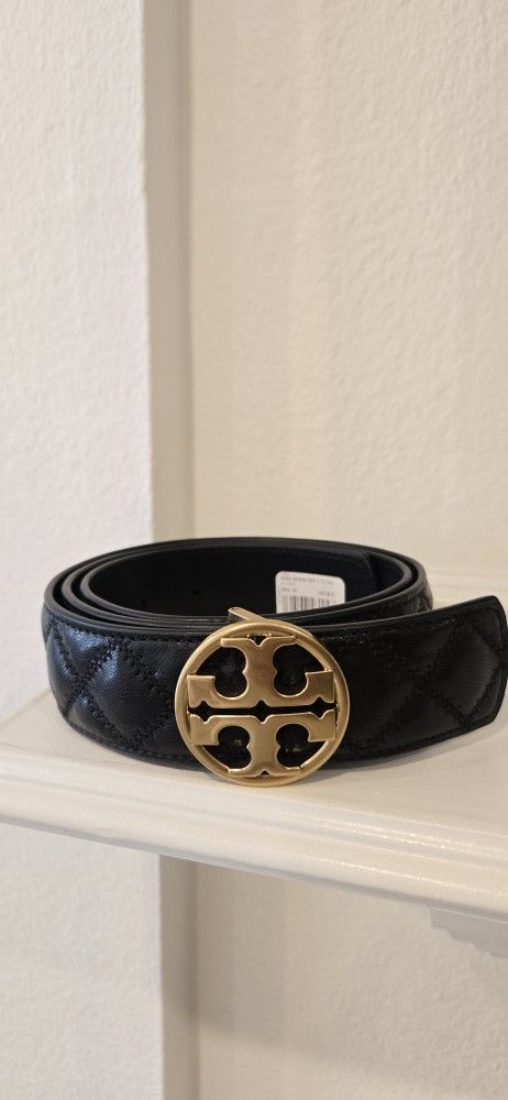 Brand New Black Tory Burch Willa Quilted Belt With Gold Logo Buckle. Size M