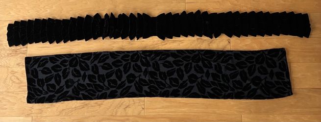 2 Fancy/Dressy black velvet scarfs/wraps, raised patterns, 4-5 feet.