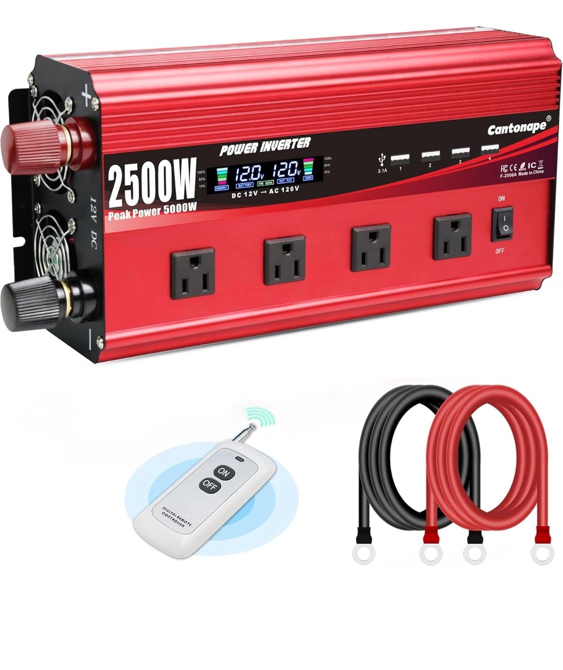 Open Pox New 2500W Power Inverter 12V to 110V DC to AC with LCD Display, Remote Controller 4 x AC Outlets and 4 x 3.1A USB Car Adapter for Car Truck B