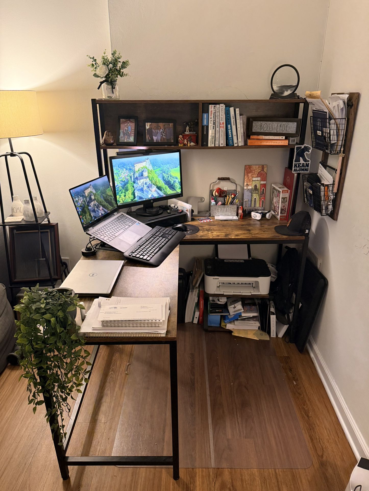 L-Shaped Office Desk with Shelves -Rusty Brown