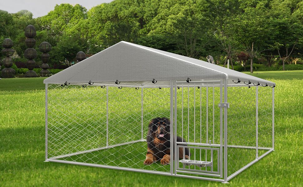 Large outdoor kennel, heavy duty outdoor fenced dog cage with swivel feeder, outdoor dog playpen with waterproof UV protection cover and safety lock,1