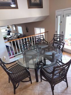 Vintage High-End Rattan Dining Set – 60" x 1/2" Glass Table – 6 Armchairs