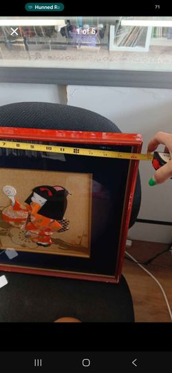 Vintage Japanese Oshie 3D Fabric Art Geisha in Red Frame
