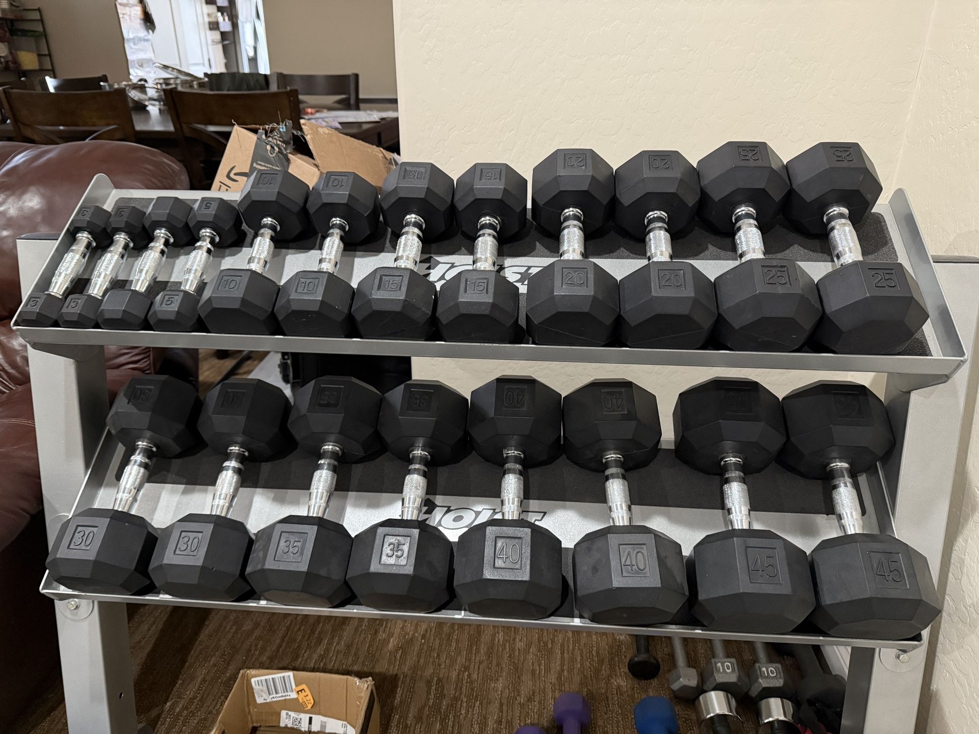 The Hoist Fitness HEX DUMBBELLS Set 3 lb to 45lb Set With 48” Rack