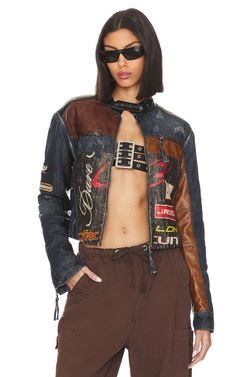Jaded London Revolve Denim Leather Patchwork Daytona Zip Off Sleeve Moto Jacket