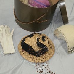 Vintage Hat Box with Costume Hats and Gloves