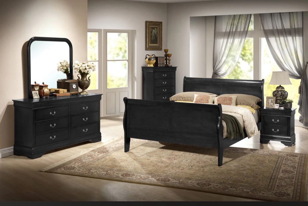 SLEIGH BEDROOM SET 4PC – BEDFRAME, DRESSER, MIRROR & NIGHTSTAND – (QUEEN/KING)