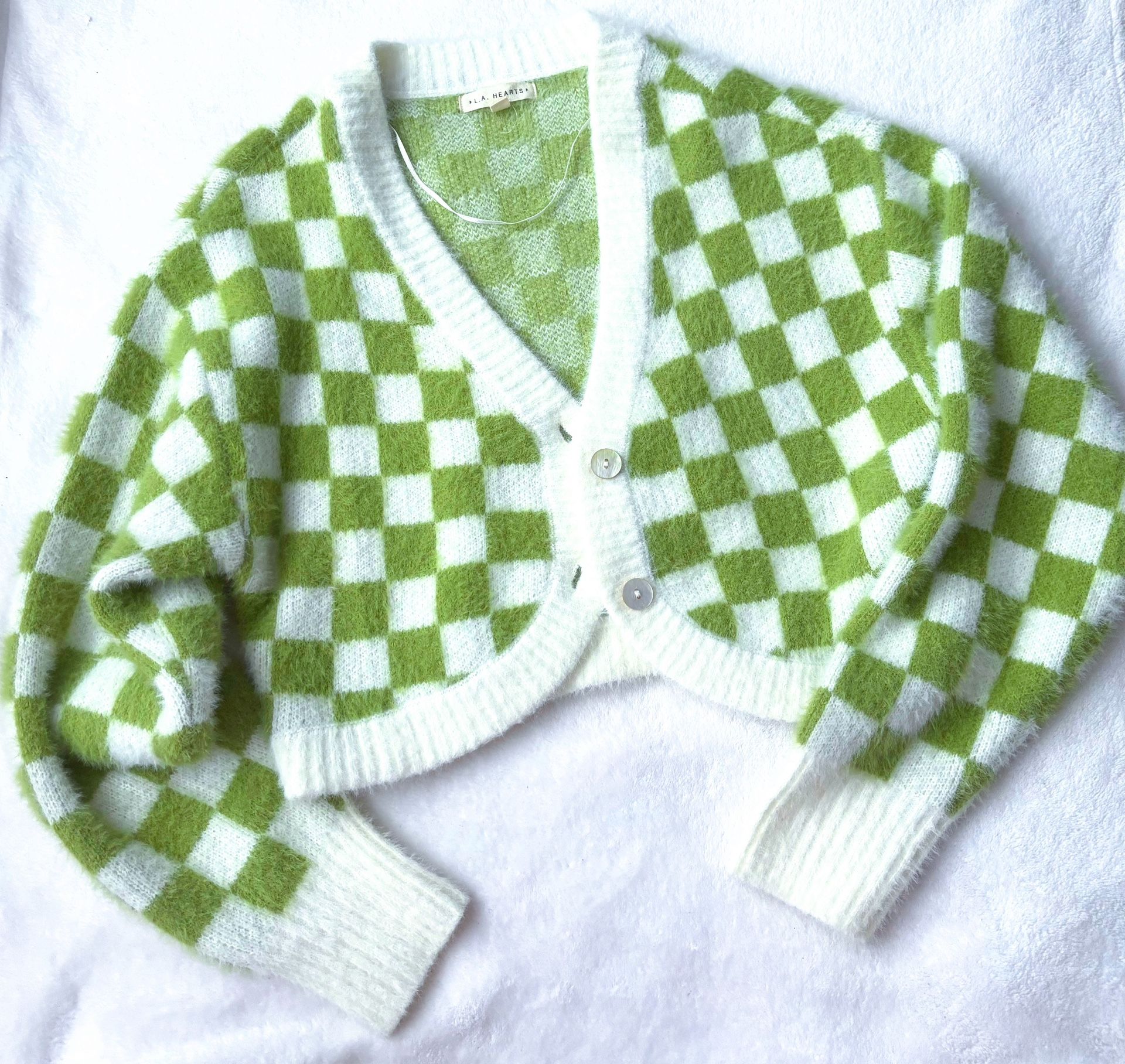 ✨ NEW PACSUN LIME GREEN CHECKERED SHRUG LA HEARTS FUZZY SHRUG FUZZY CARDIGAN✨