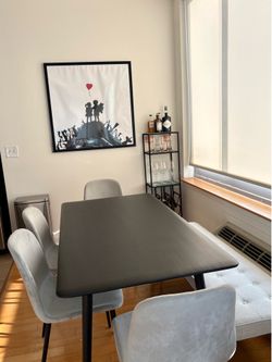 Modern Dining Set – EQ3 Table, Bank Bench & Velvet Chairs (Like New)