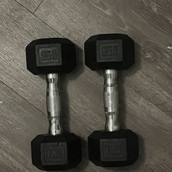 2x15 LB Hex Rubber Coated Dumbbells (30lbs Total)