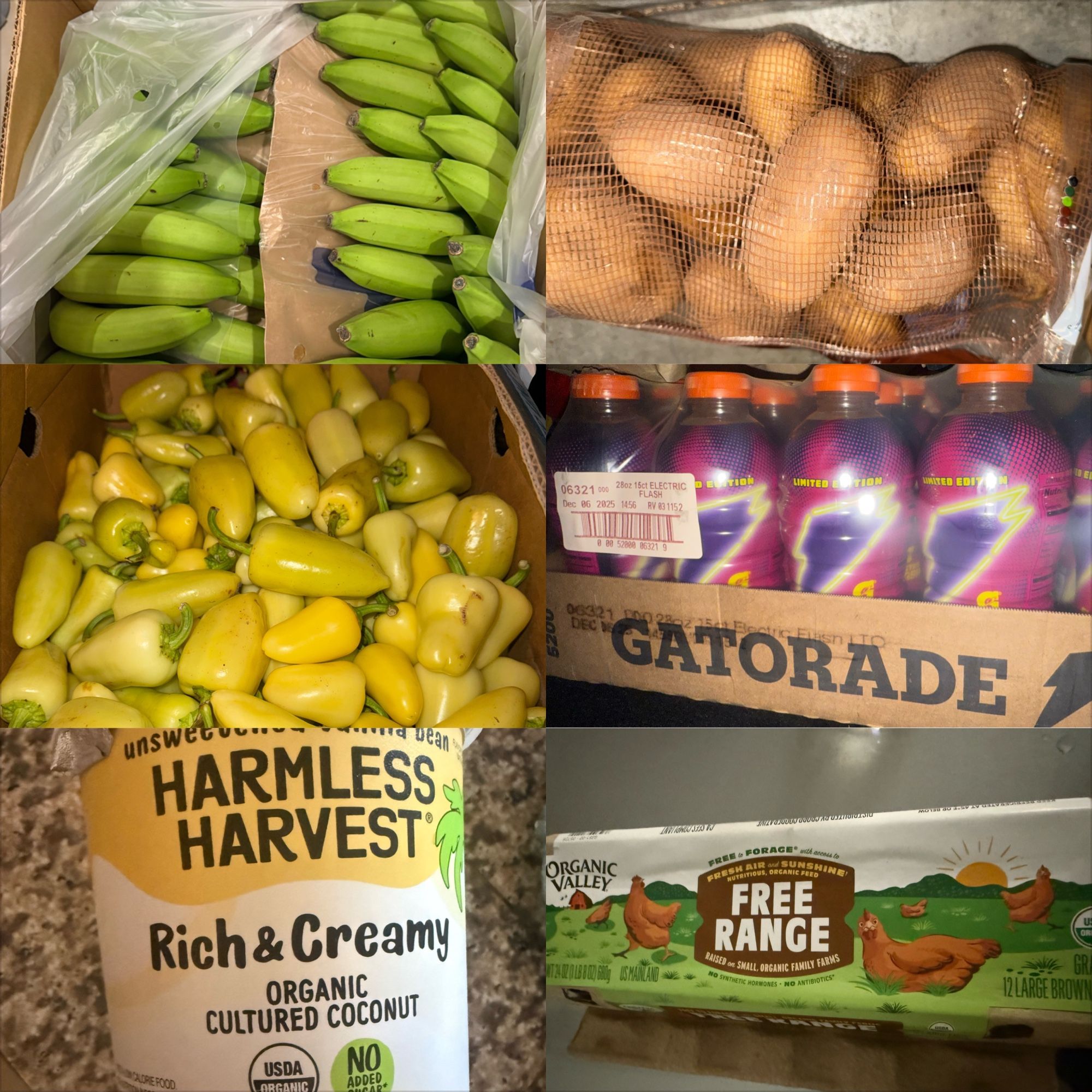 Lot of produce bananas green, jalapeño peppers, potatoes, Free Range Egg