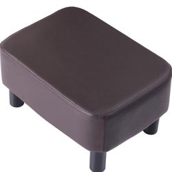 16.54" Small Footstool, PU Faux Leather Step Stool, with Padded Seat Pine Wood Legs and Padded Rectangular Stool, for Bedroom, Brown