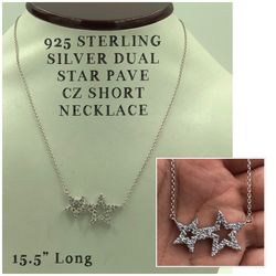 925 STER Silver Dual Star CZ Short Necklace 15.5” Long