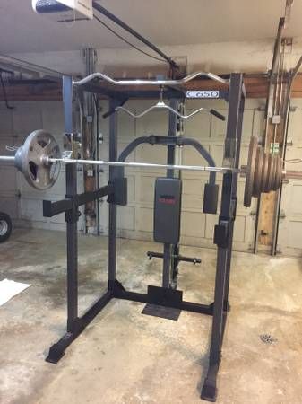 Weider C650 power squat rack, bench, weights and bar