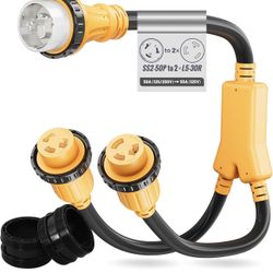 MECMO 50 Amp 125/250V to x (2) 30 Amp 125V Shore Power Adapter, NEMA SS2-50P to 2X L5-30R Marine Boat Y Splitter Cord, 50A Male to Two 30A Female w/Lo