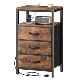 Nightstand with Charging Station, Bedside Table with Fabric Drawers