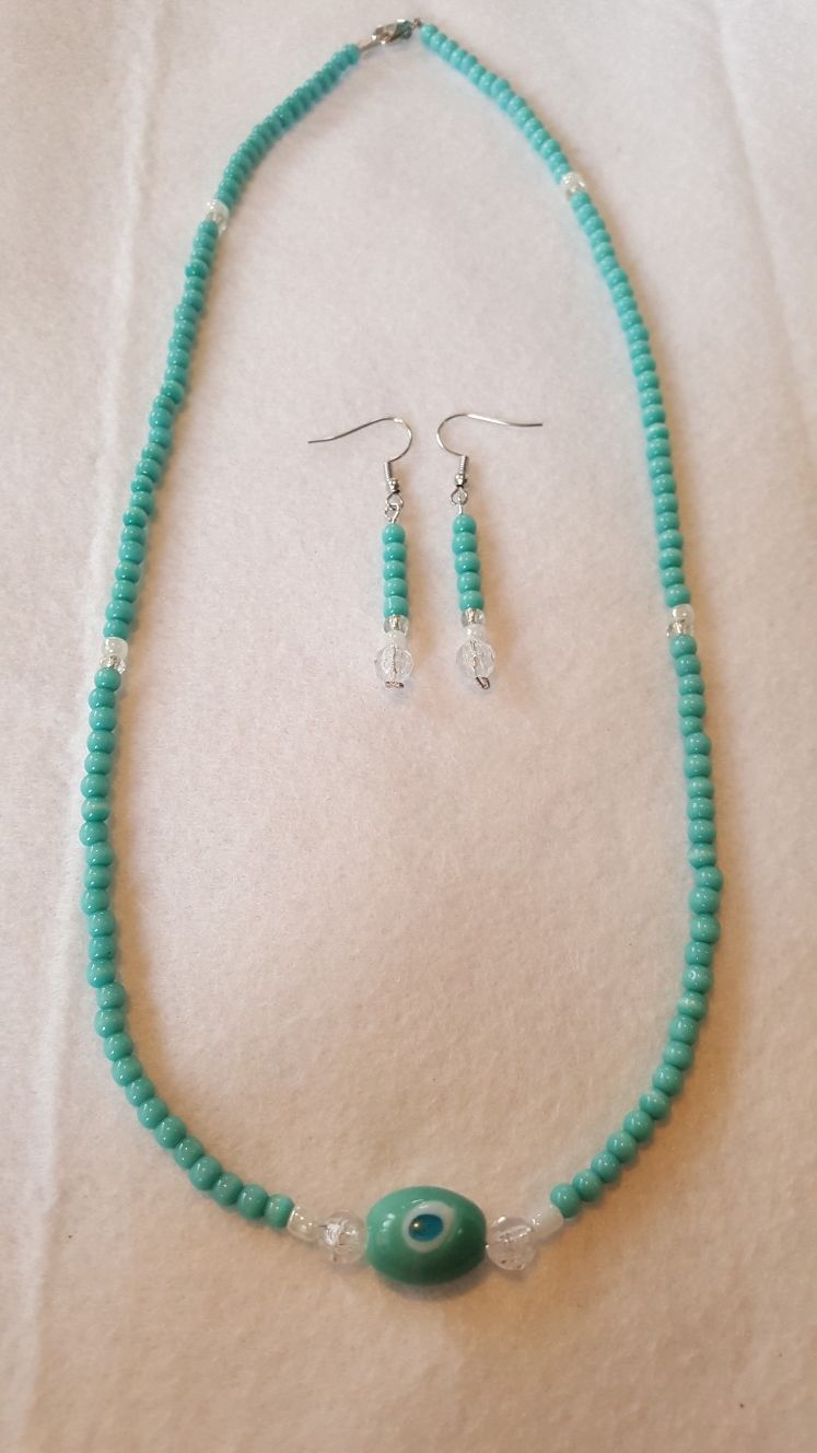 Turquoise glass bead necklace and earrings