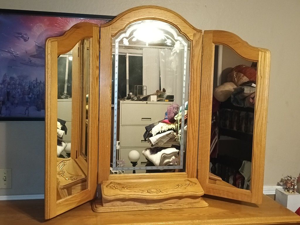 Solid oak table top folding vanity tri-fold mirror Furniture Traditions