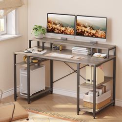 55 inch Computer Desk with Outlets & LED Light, Office Desk with Storage Shelves & Monitor Stand, Corner Desk with Cup Holder & Headset Hooks, Grey