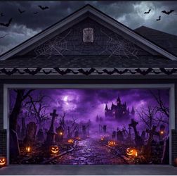 Minetom Halloween Garage Door Cover, 7 x 16 ft Spooky Garage Decoration Easy Hanging with Magnetic Hooks and Elastic Ropes, Large Garage Wall Decorati