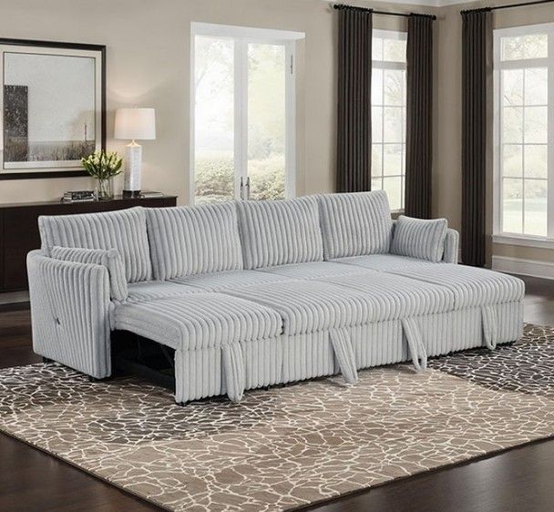 Denholme Gray Faux Fur Polyester Fabric Couch Sofa Sectional Pull Out Sofa Bed With USB