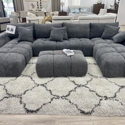 Grey Sectional - Modern Style Low Profile Double Chaise & Ottoman