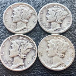 Four (4) Vintage 1940s Silver Mercury Dimes for $22