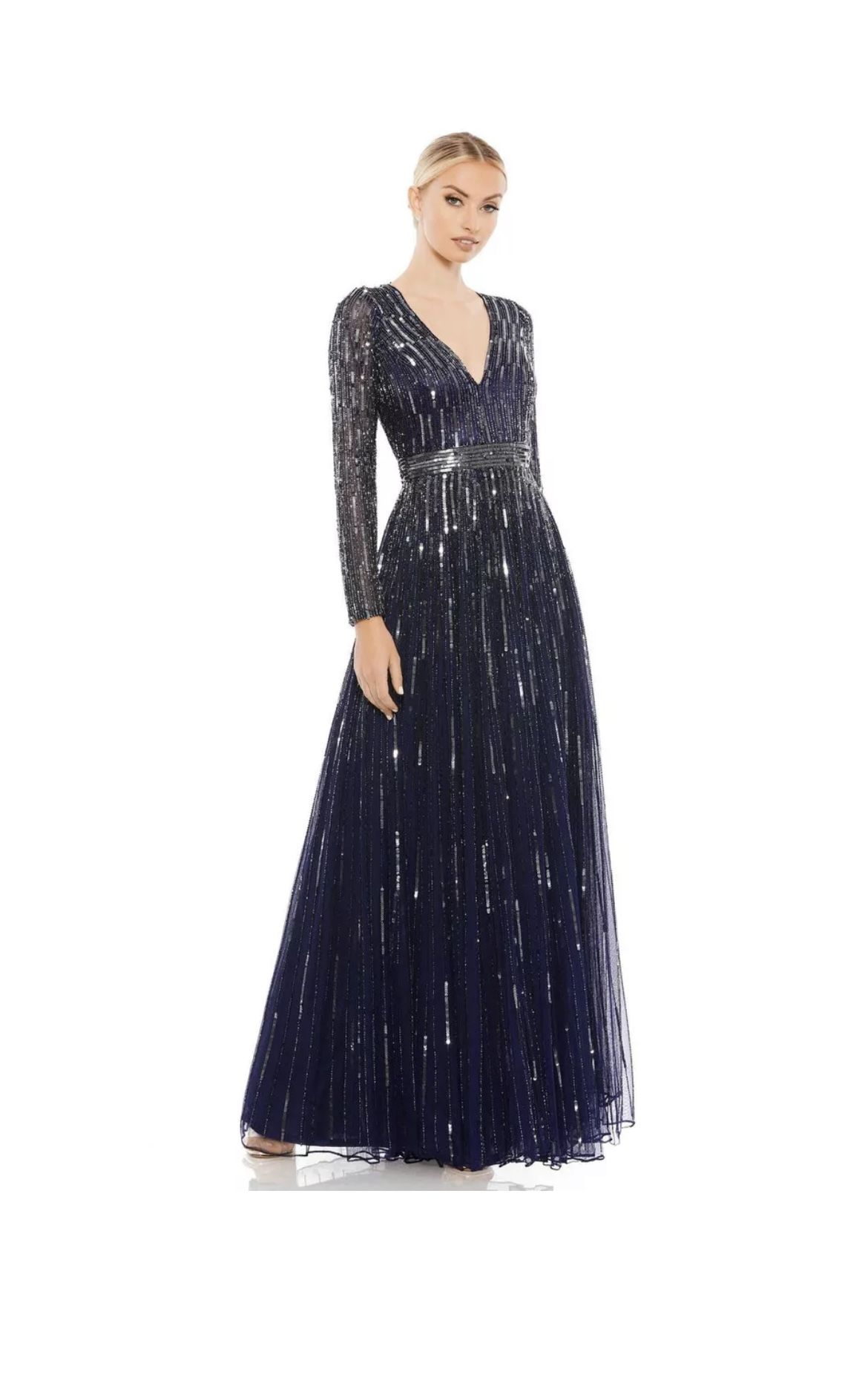 New Mac Duggal 4977 Sequin Illusion Sleeves V-Neck Midnight A-Line Gown 14