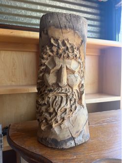 Hand-Carved Rustic Wood Sculpture – Bearded Face Log Carving – 16” Tall Folk Art Cabin Décor