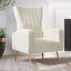 White Living Room Accent Chair | Velvet | Wingback, Vanity Chair | Upholstered, Arm Chair, High Back | Metal Legs