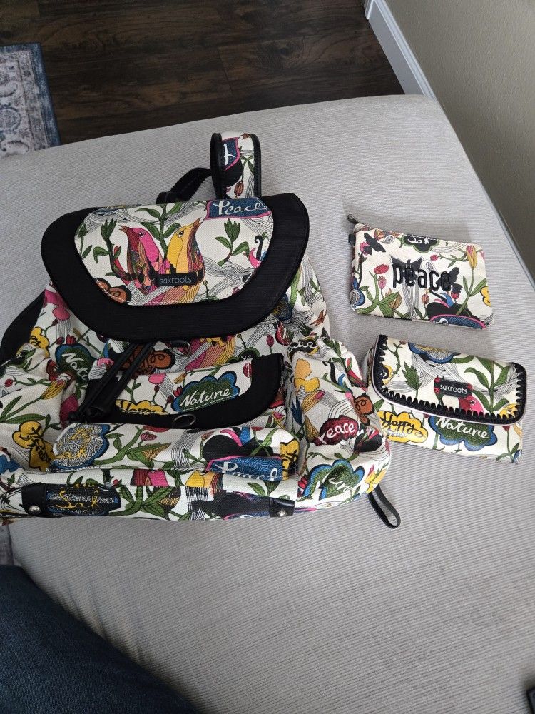 Sakroots Peace Love Bird/Floral Print Backpack,Wristlet And Makeup Bag