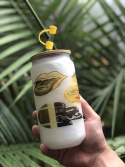 Green Bay Packers Frosted Libby Glass With Bamboo Lid And Glass Straw With Topper