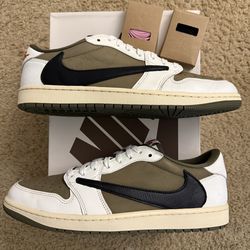 Size 11.5 (Pre owned, with box, and extra laces) - Travis Scott x Air Jordan 1 low medium olive reverse olive
