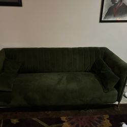 Modern Emerald Green Velvet Sofa – Channel Tufted w/ Gold Legs
