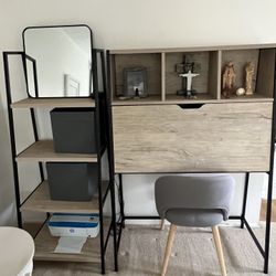 Desk, Shelving Unit, and Chair 