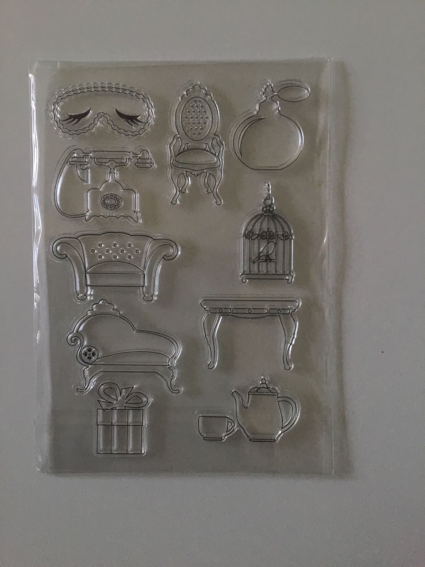 Antique Furniture Table Chair Teapot Sofa Telephone Perfume Bottle Clear Rubber Stamp Set of 10