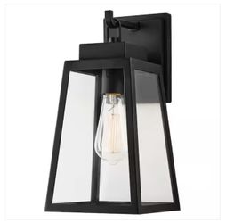 Corbin Medium 13 in. Modern 1-Light Black Hardwired Outdoor Tapered Wall Lantern Sconce with Clear G