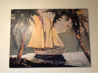 Large Hand-Carved Wood Block Relief Art – Vintage Sailboat $150