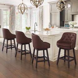 39 in. H Red Brown High Back Faux Leather Solid Wood Bar Stool Counter Height Bar Stool with Cushion Set of 4