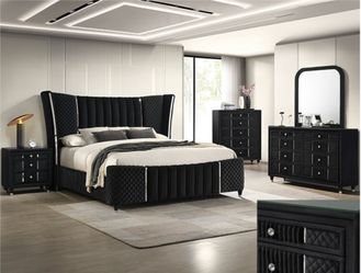Black velvet bed frame with chrome accents Queen $650 Eastern King $750 Dresser $470 Mirror $180 Nightstand $230  Chest $400 currently out of stock