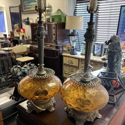 Antique Amber Blown Glass Orange Vintage Art Deco Lamps Pair