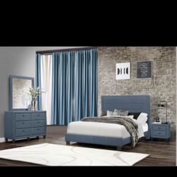 MODERN   Queen Size Blue  Four Piece Bedroom Set. Mattress sold separately 