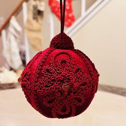 Vintage Velvet Burgundy Christmas Ornament Handcrafted Embroidery Unbreakable 4”