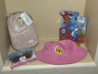 New Nintendo Princess Peach Purse Sling, Sunglasses, Bucket Hat & Blue Yoshi Figure Bundle